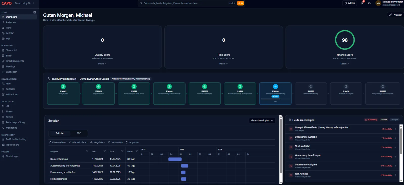 CAPO WebApp Dashboard mit Projektübersicht, Zeitplan und offenen Aufgaben