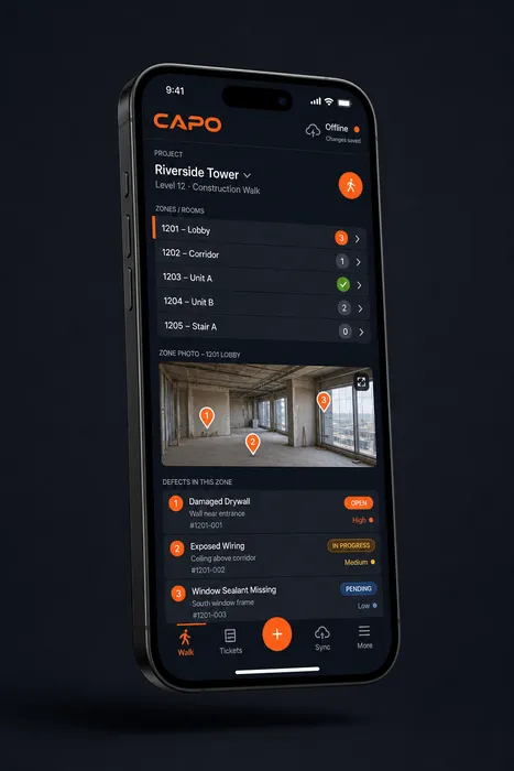 CAPO Mobile App auf einem Smartphone mit Baustellenbegehung und Mängeltickets